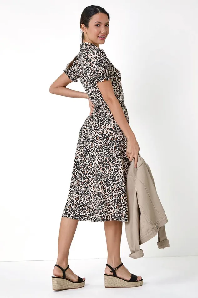 Women Beige Animal Print Textured Shirt Dress Roman Dresses