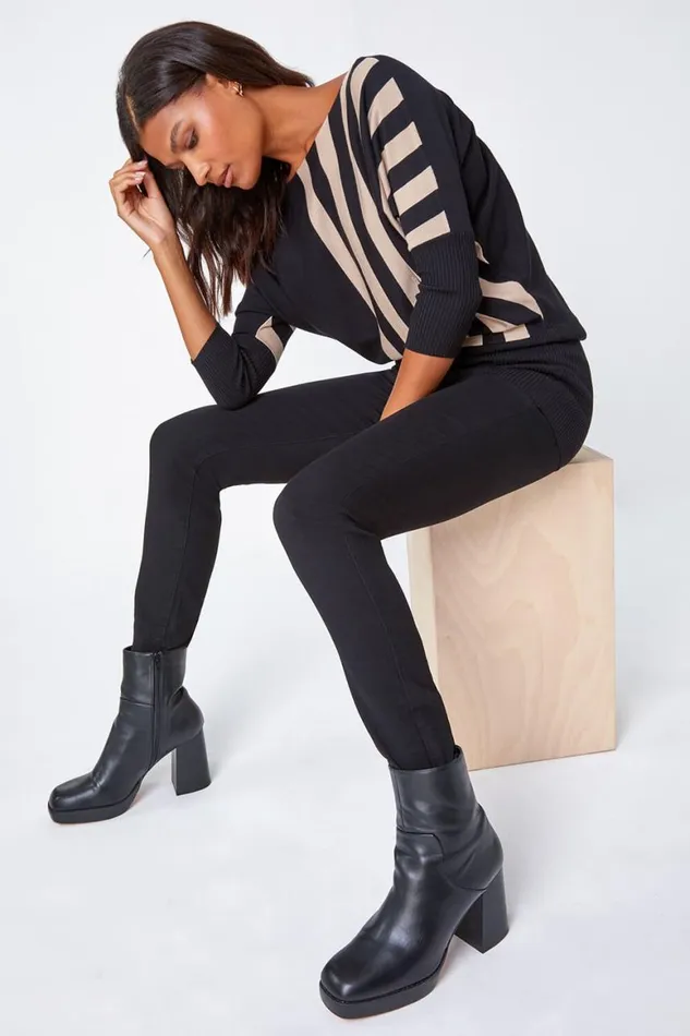 Women Beige Contrast Stripe Print Knit Jumper Roman Knitwear