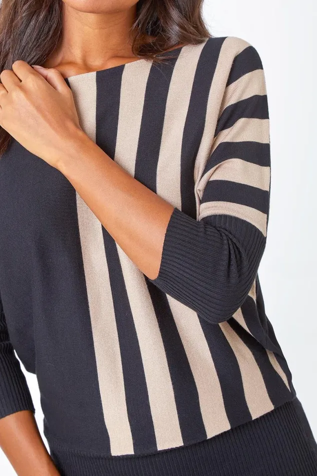 Women Beige Contrast Stripe Print Knit Jumper Roman Knitwear