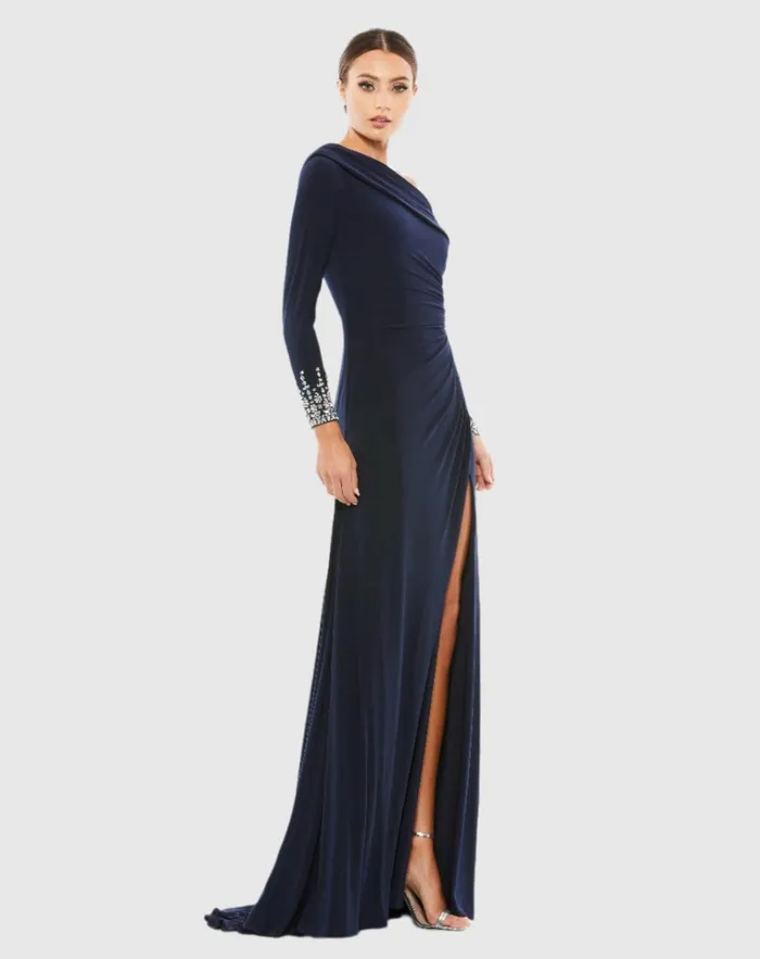 Women Best Sellers Mac Duggal Beaded Cuff Drop Shoulder Faux Wrap Dress Midnight