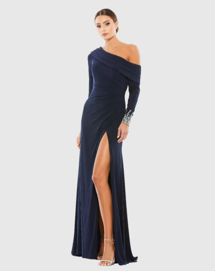 Women Best Sellers Mac Duggal Beaded Cuff Drop Shoulder Faux Wrap Dress Midnight