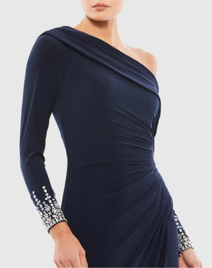 Women Best Sellers Mac Duggal Beaded Cuff Drop Shoulder Faux Wrap Dress Midnight