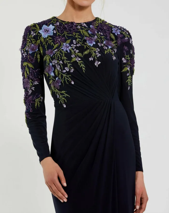 Women Best Sellers Mac Duggal Embellished Long Sleeve Fitted Jersey Gown Midnight