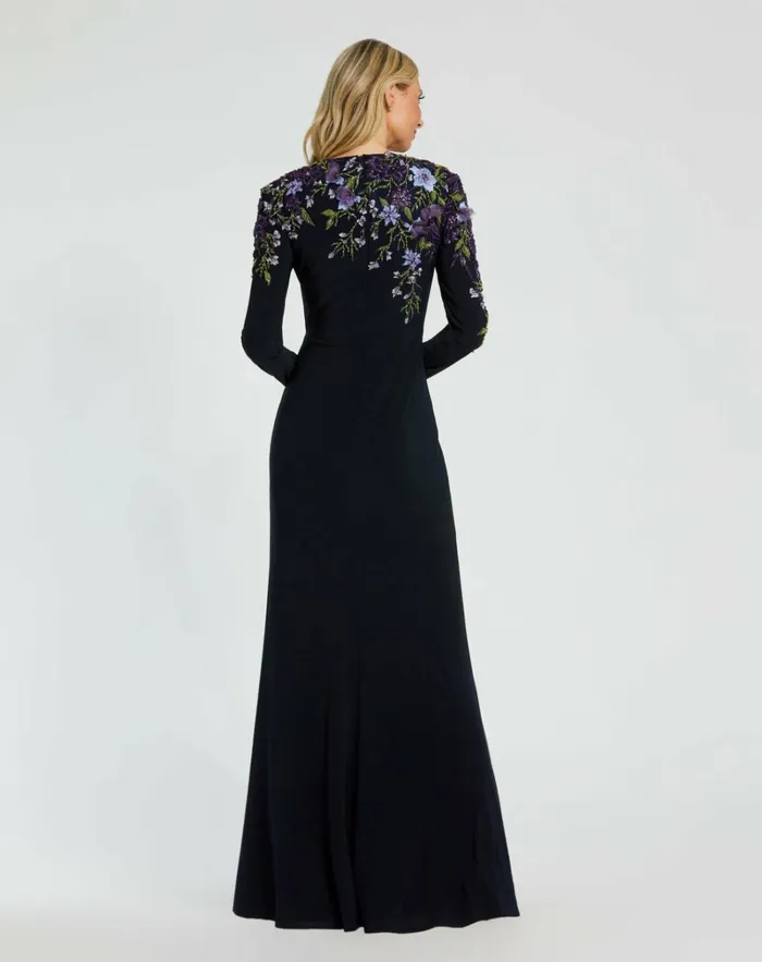 Women Best Sellers Mac Duggal Embellished Long Sleeve Fitted Jersey Gown Midnight