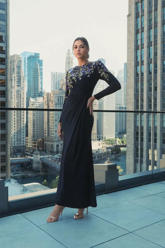 Women Best Sellers Mac Duggal Embellished Long Sleeve Fitted Jersey Gown Midnight