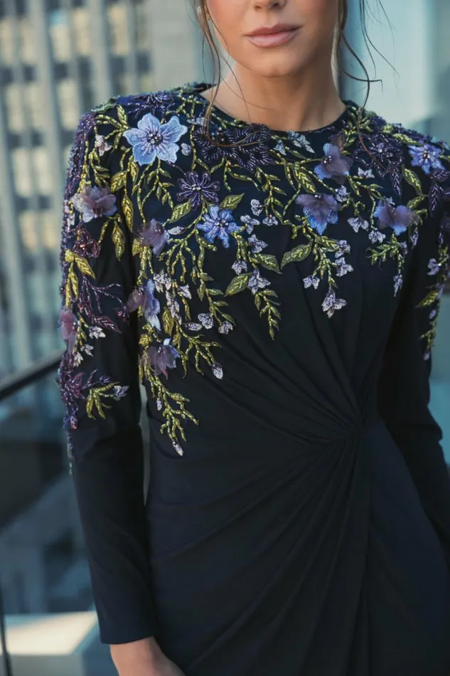 Women Best Sellers Mac Duggal Embellished Long Sleeve Fitted Jersey Gown Midnight