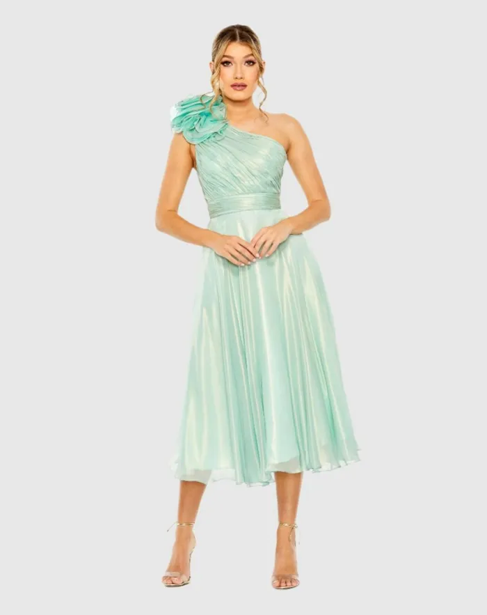Women Best Sellers Mac Duggal Green Rosette One Shoulder Tea Length Dress Sage