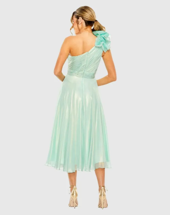 Women Best Sellers Mac Duggal Green Rosette One Shoulder Tea Length Dress Sage