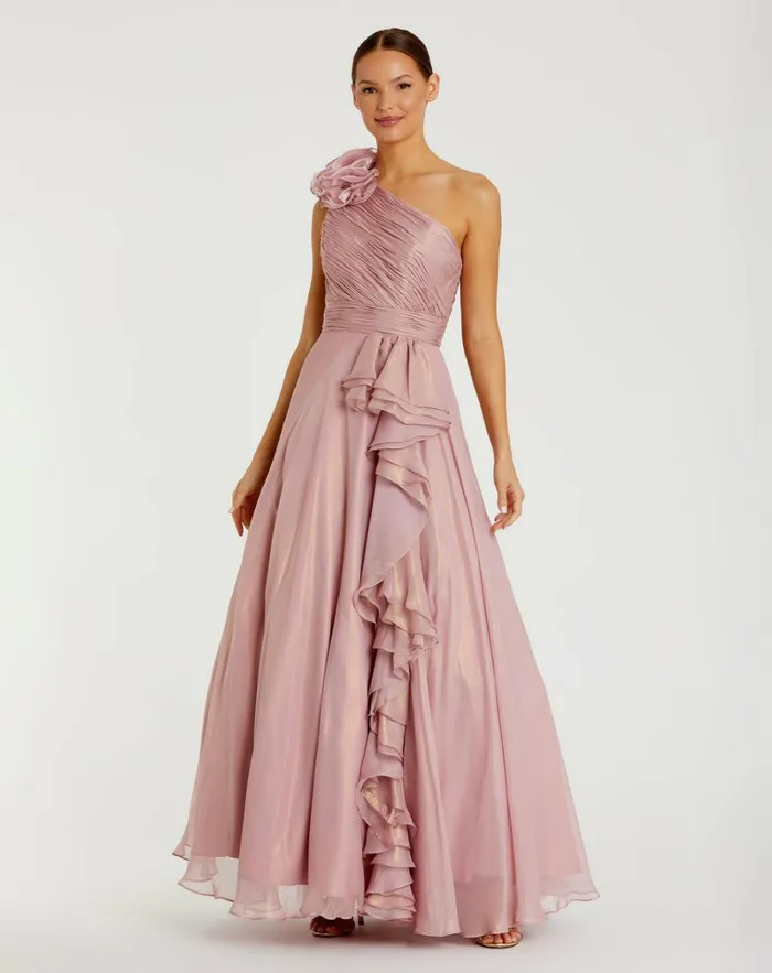 Women Best Sellers Mac Duggal Iridescent One Shoulder Rosette Ball Gown Rosegold
