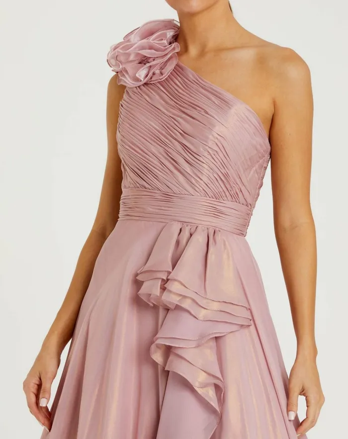 Women Best Sellers Mac Duggal Iridescent One Shoulder Rosette Ball Gown Rosegold