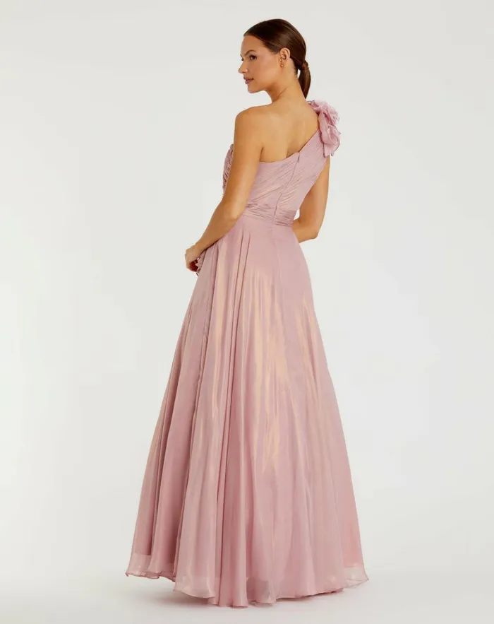 Women Best Sellers Mac Duggal Iridescent One Shoulder Rosette Ball Gown Rosegold