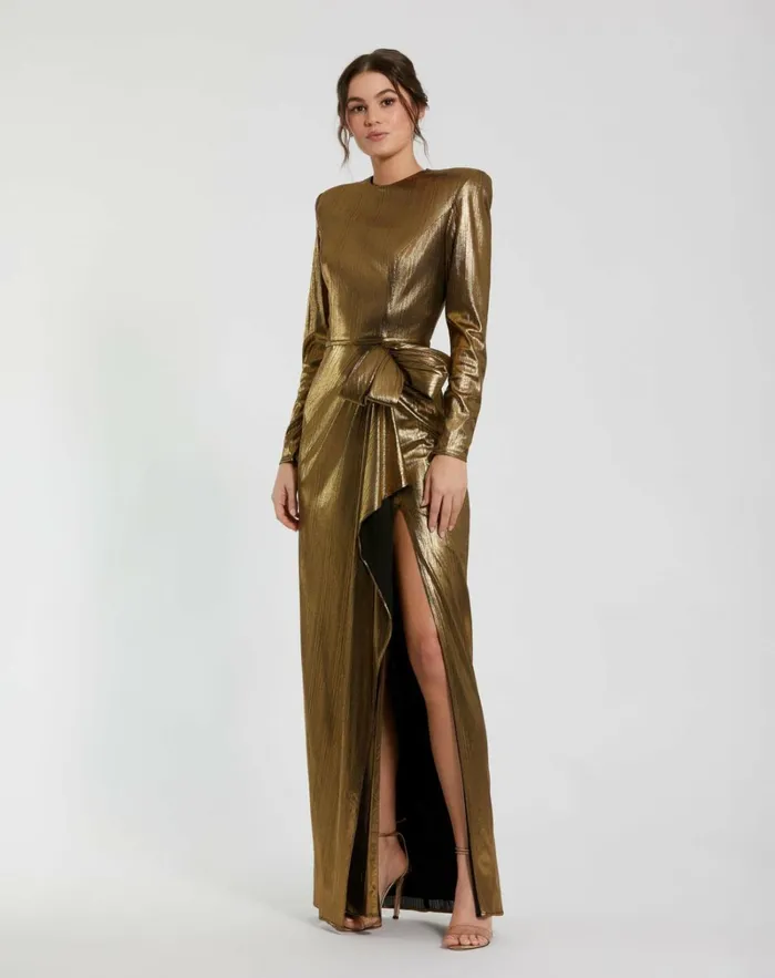 Women Best Sellers Mac Duggal Metallic Jersey Long Sleeve Gown With Bow Antique Gold