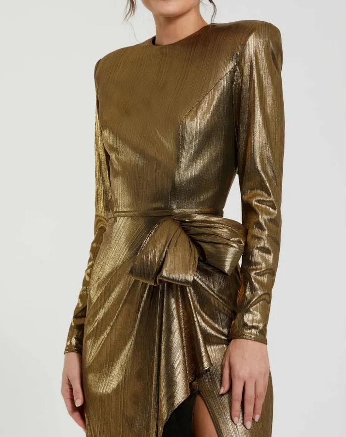 Women Best Sellers Mac Duggal Metallic Jersey Long Sleeve Gown With Bow Antique Gold