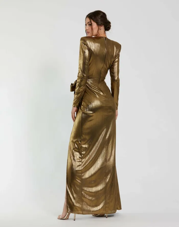 Women Best Sellers Mac Duggal Metallic Jersey Long Sleeve Gown With Bow Antique Gold