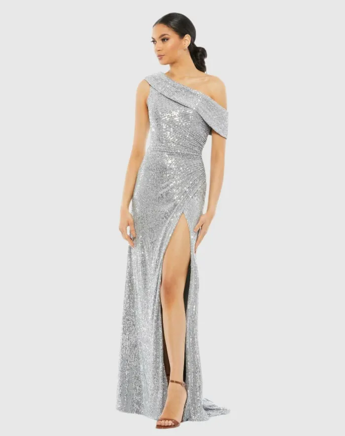 Women Best Sellers Mac Duggal Silver Sequined Drop Shoulder Gown Platinum