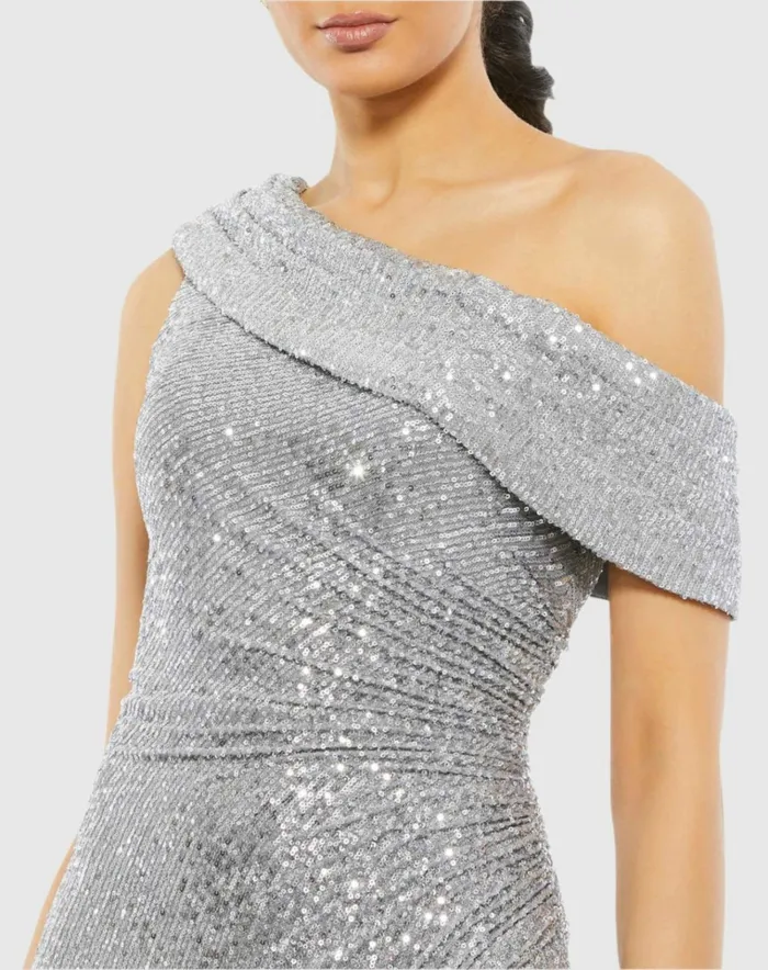 Women Best Sellers Mac Duggal Silver Sequined Drop Shoulder Gown Platinum