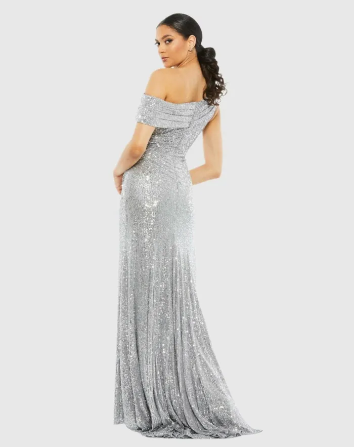 Women Best Sellers Mac Duggal Silver Sequined Drop Shoulder Gown Platinum
