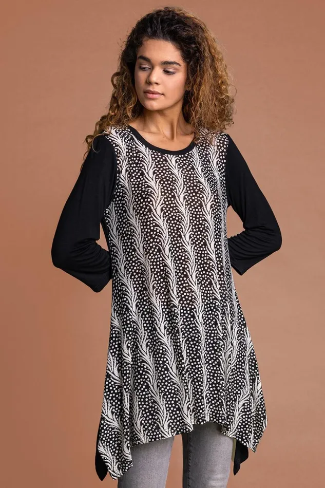 Women Black Abstract Print Hanky Hem Tunic Top Roman Tops