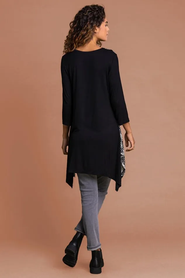 Women Black Abstract Print Hanky Hem Tunic Top Roman Tops
