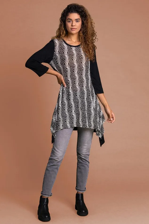 Women Black Abstract Print Hanky Hem Tunic Top Roman Tops