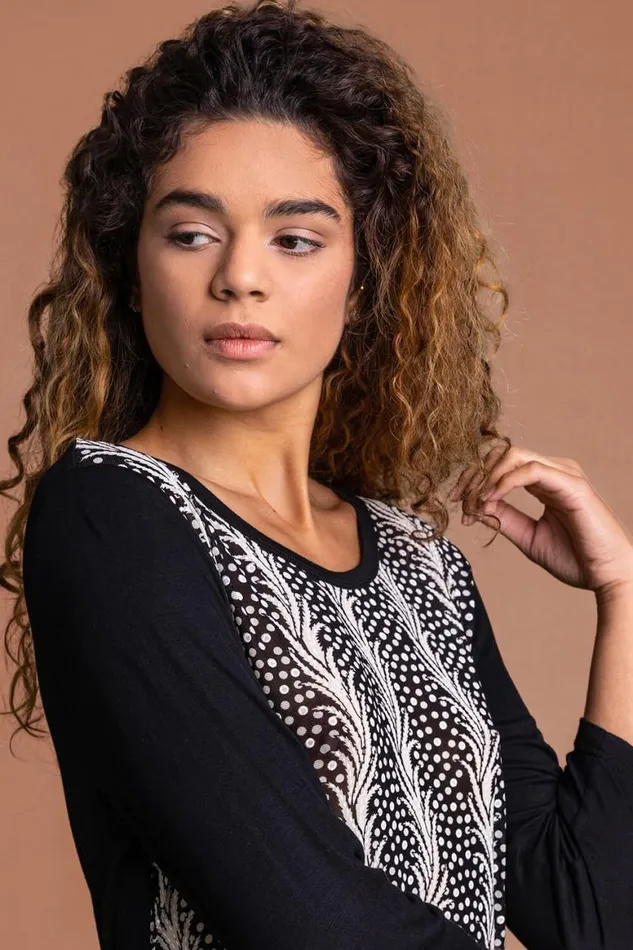 Women Black Abstract Print Hanky Hem Tunic Top Roman Tops