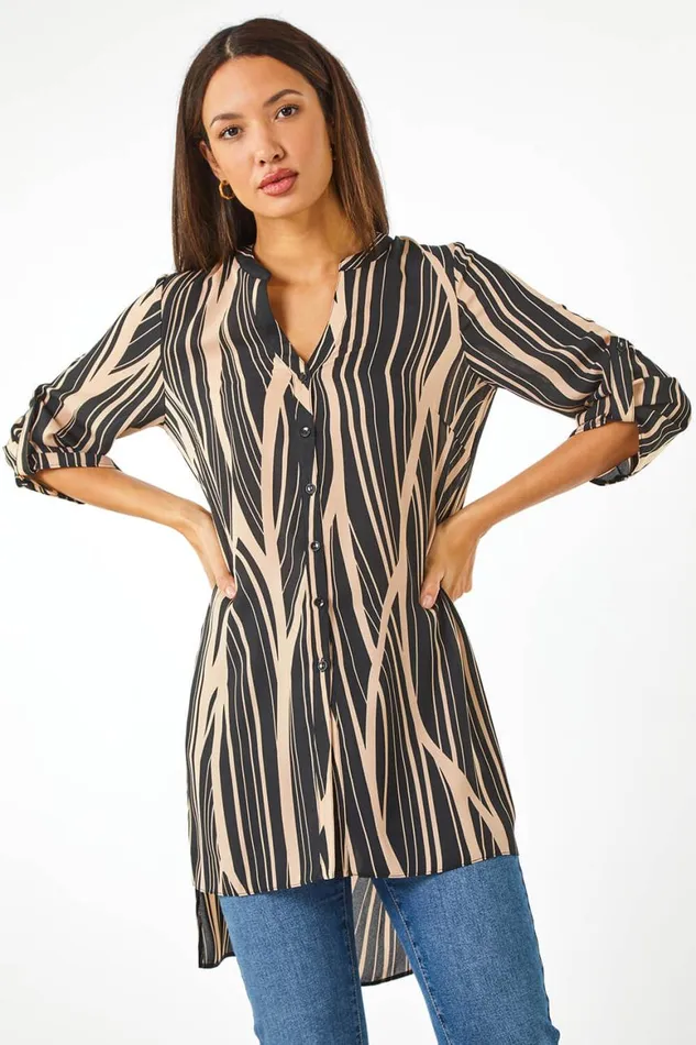 Women Black Abstract Print Longline Blouse Roman Tops