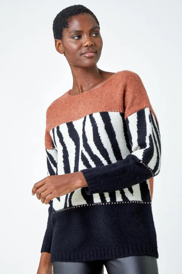 Women Black Animal Colour Block Jumper Roman Knitwear