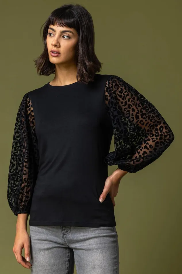 Women Black Animal Print Mesh Sleeve Top Roman Tops