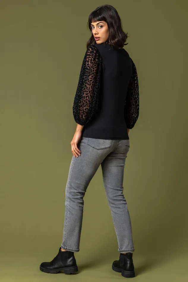 Women Black Animal Print Mesh Sleeve Top Roman Tops