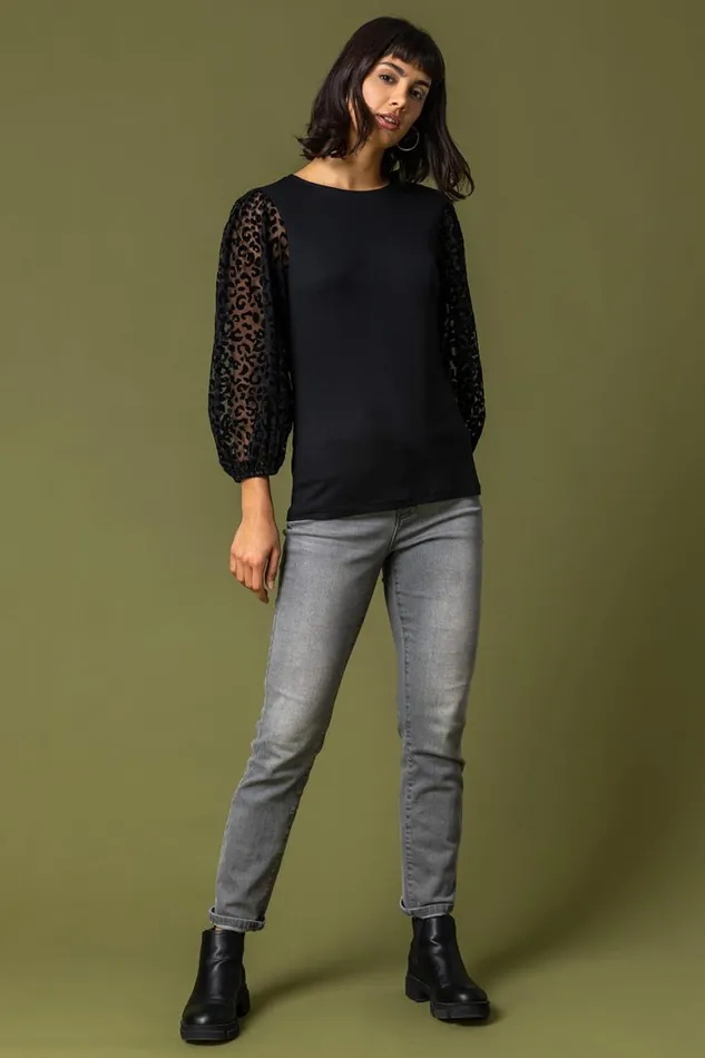 Women Black Animal Print Mesh Sleeve Top Roman Tops