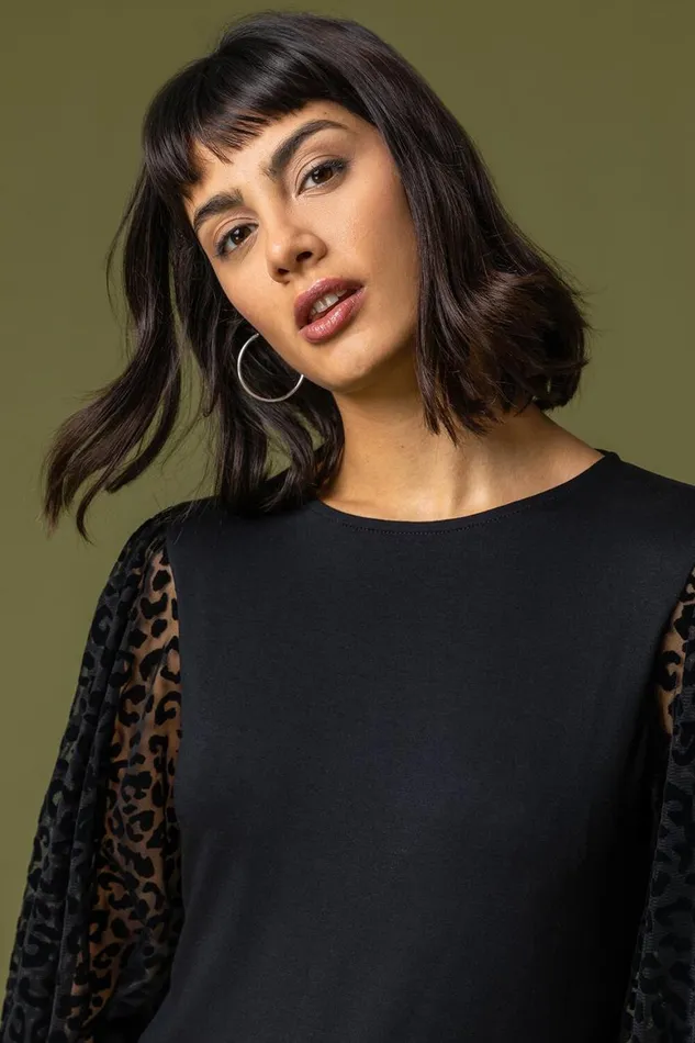 Women Black Animal Print Mesh Sleeve Top Roman Tops
