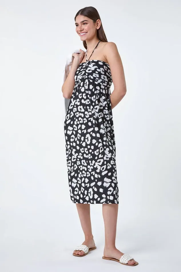 Women Black Animal Print Stretch Bandeau Midi Dress Roman Dresses