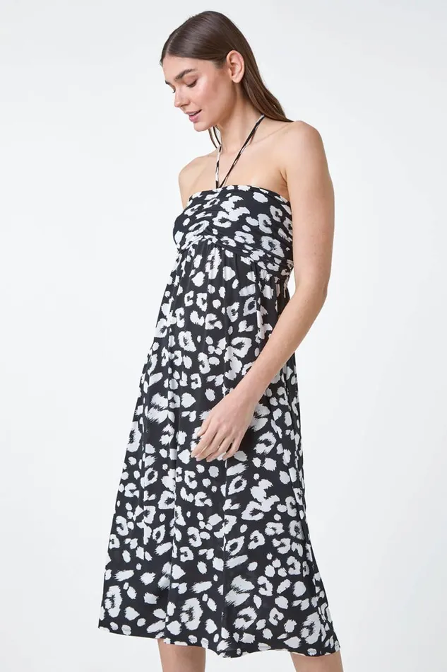 Women Black Animal Print Stretch Bandeau Midi Dress Roman Dresses