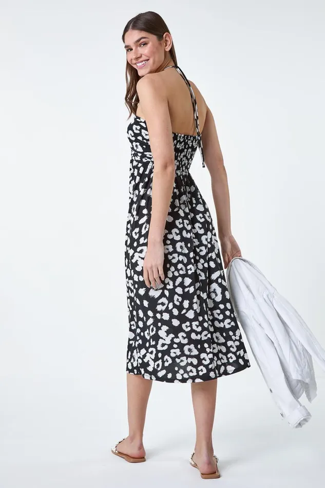 Women Black Animal Print Stretch Bandeau Midi Dress Roman Dresses