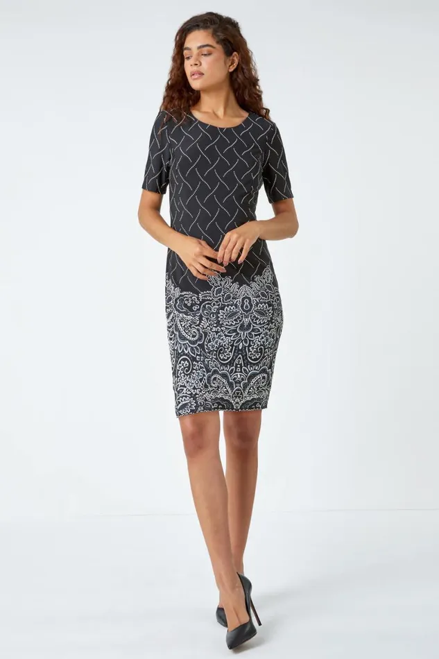 Women Black Border Print Shift Stretch Dress Roman Dresses