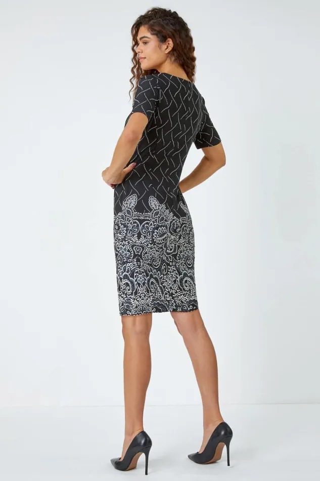 Women Black Border Print Shift Stretch Dress Roman Dresses
