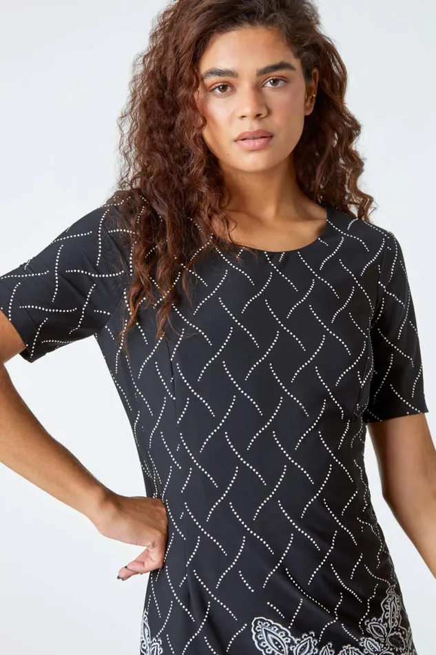 Women Black Border Print Shift Stretch Dress Roman Dresses
