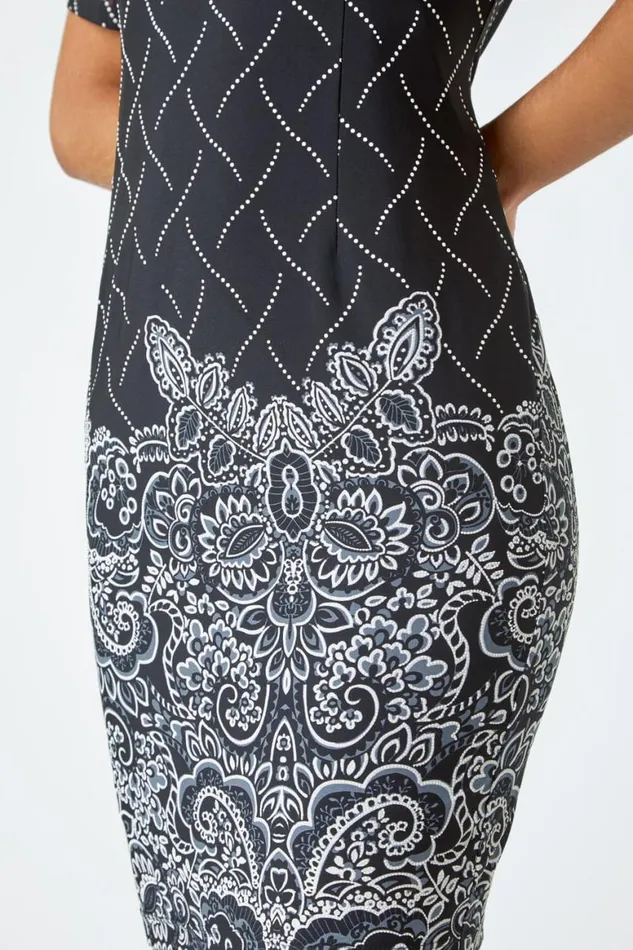 Women Black Border Print Shift Stretch Dress Roman Dresses