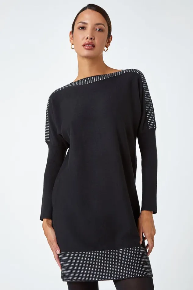 Women Black Border Spot Print Jumper Dress Roman Dresses