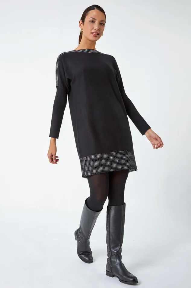 Women Black Border Spot Print Jumper Dress Roman Dresses