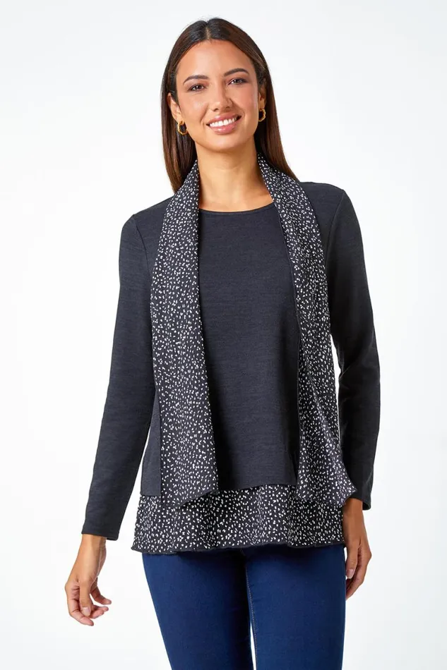 Women Black Contrast Plisse Hem Stretch Top and Scarf Roman Tops