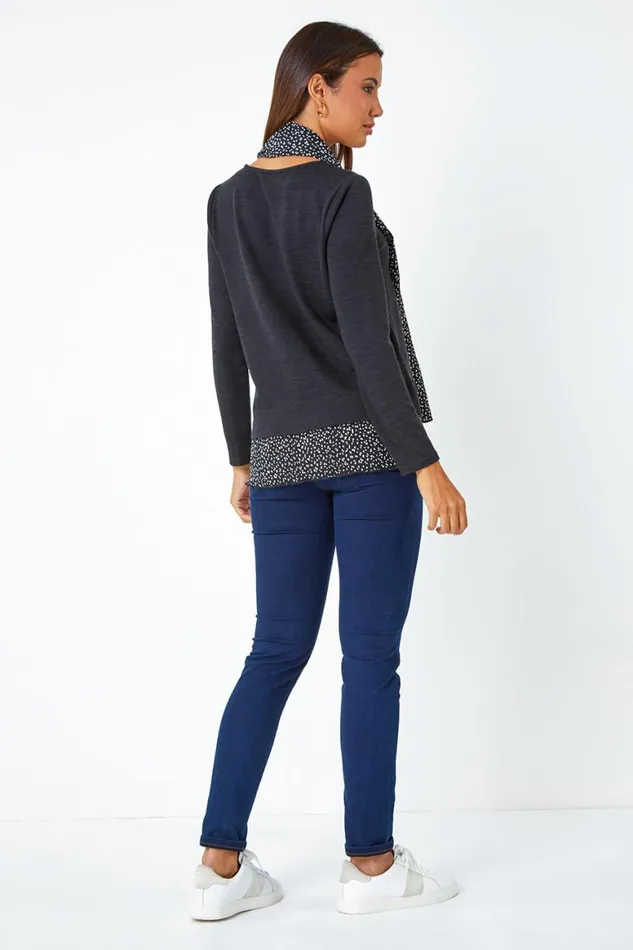 Women Black Contrast Plisse Hem Stretch Top and Scarf Roman Tops
