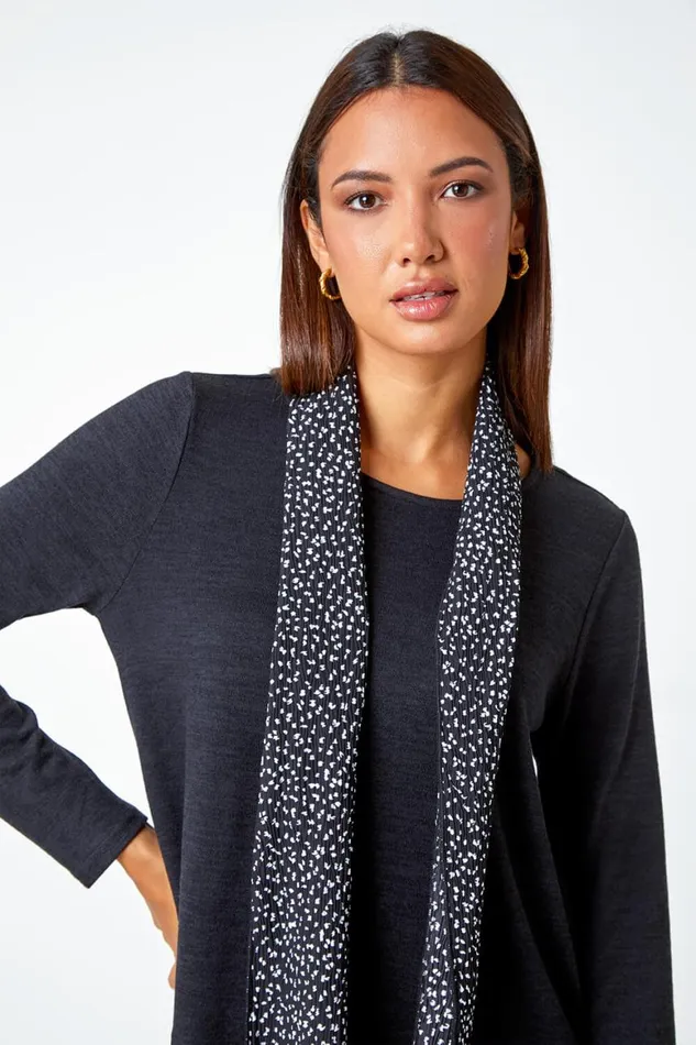 Women Black Contrast Plisse Hem Stretch Top and Scarf Roman Tops
