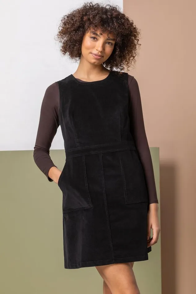 Women Black Corduroy Pull On Pinafore Dress Roman Dresses