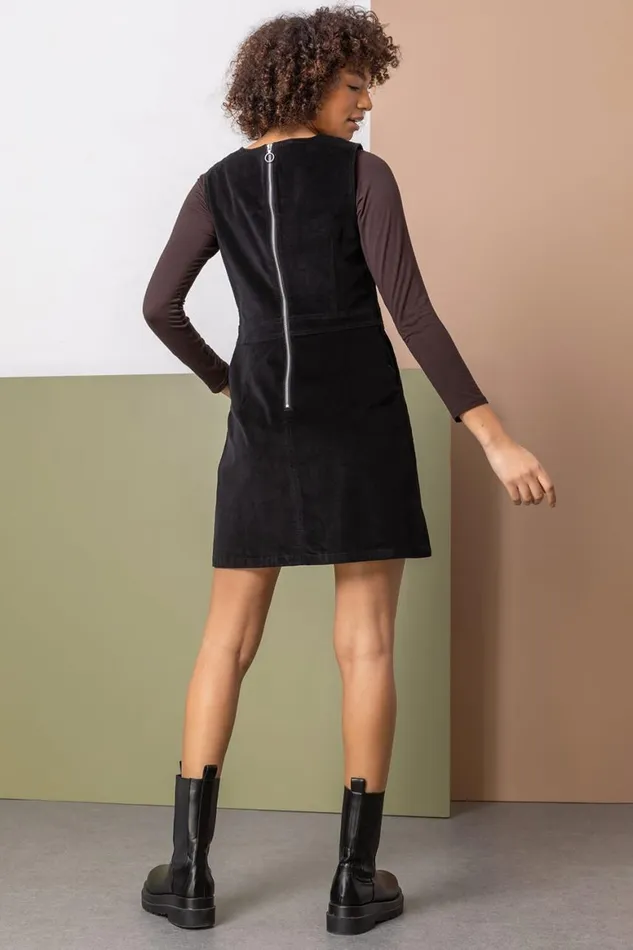 Women Black Corduroy Pull On Pinafore Dress Roman Dresses
