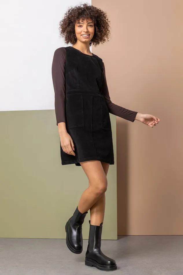 Women Black Corduroy Pull On Pinafore Dress Roman Dresses
