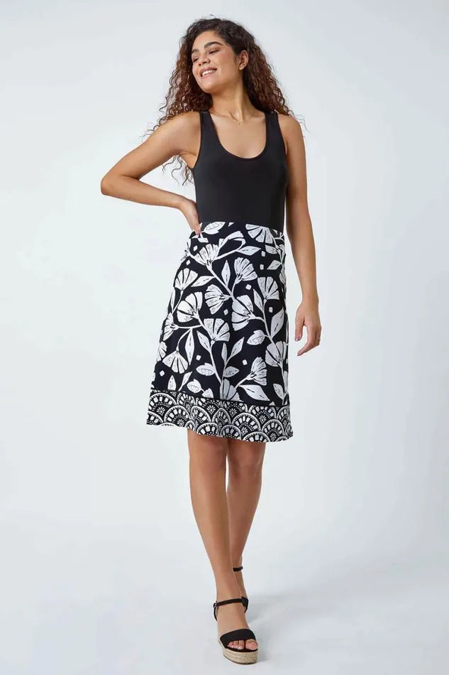 Women Black Cotton Blend Floral Elastic Waist Skirt Roman Skirts