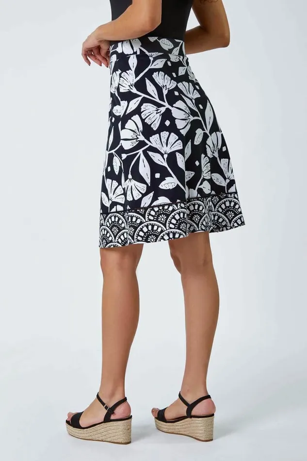 Women Black Cotton Blend Floral Elastic Waist Skirt Roman Skirts