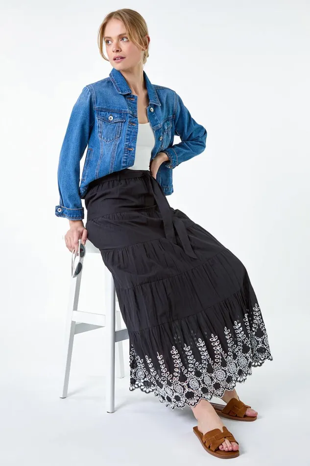 Women Black Cotton Broderie A Line Tiered Maxi Skirt Roman Skirts