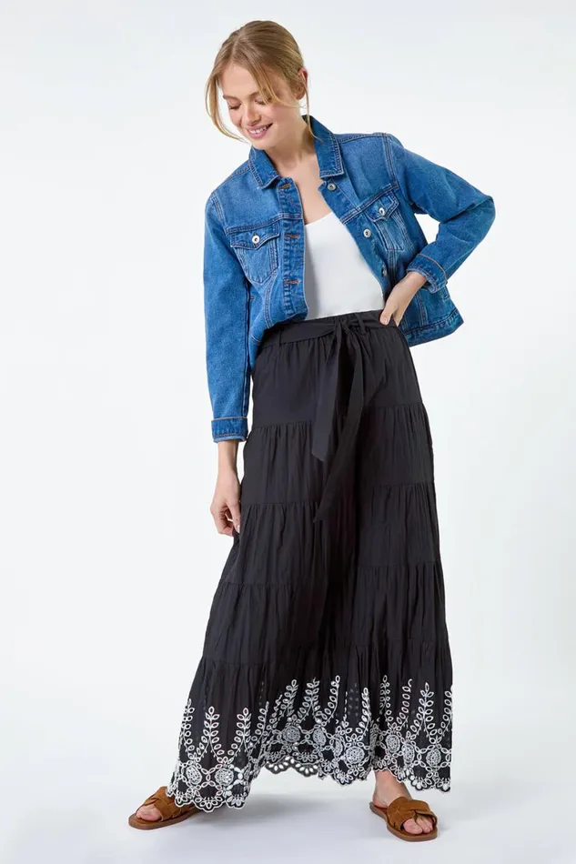 Women Black Cotton Broderie A Line Tiered Maxi Skirt Roman Skirts